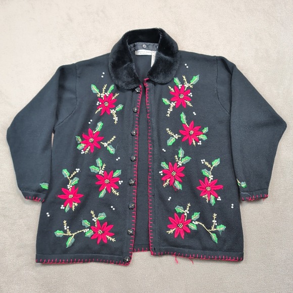 Victoria Jones Vintage Christmas Poinsettia Cardigan 1X Black Ramie Cotton Pearl — photo 2